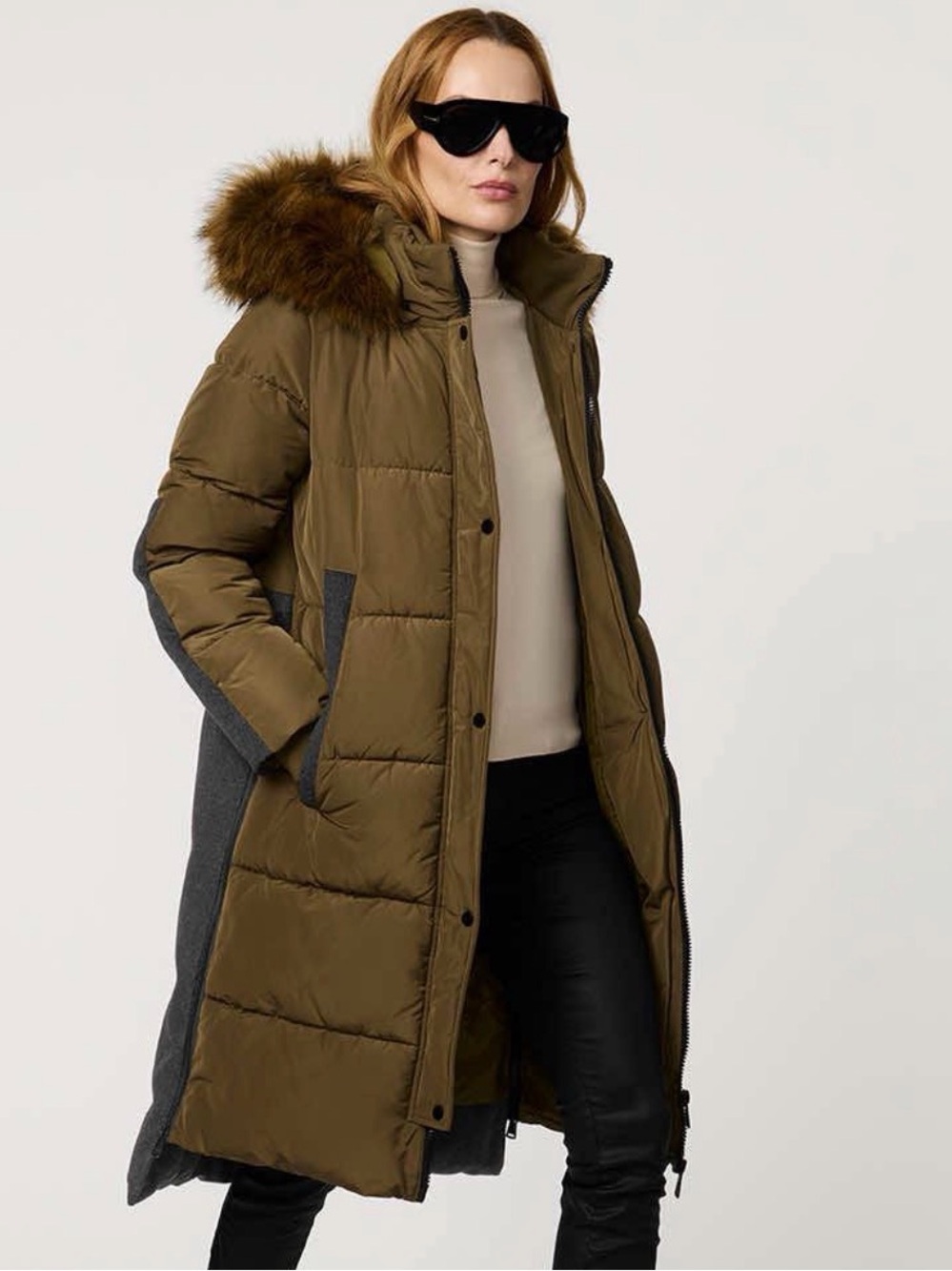 Bernardo Olive Green and Gray Long Puffer Coat with Fur Trim Hood